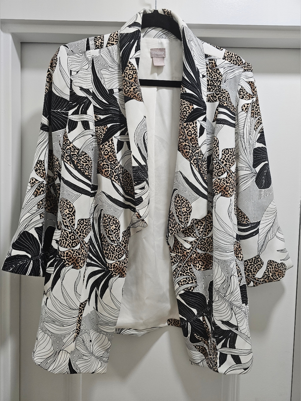Chico's Printed Open Front Blazer - Black, White & Leopard 8/10
